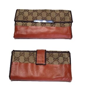Gucci Monogram Brown Leather Long Wallet Card Holder Web Graphic Print Vintage